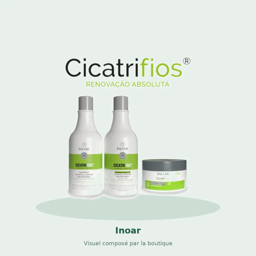 Kit Inoar Cicatrifios shampooing, après-shampooing et masque, visuel composé par la boutique