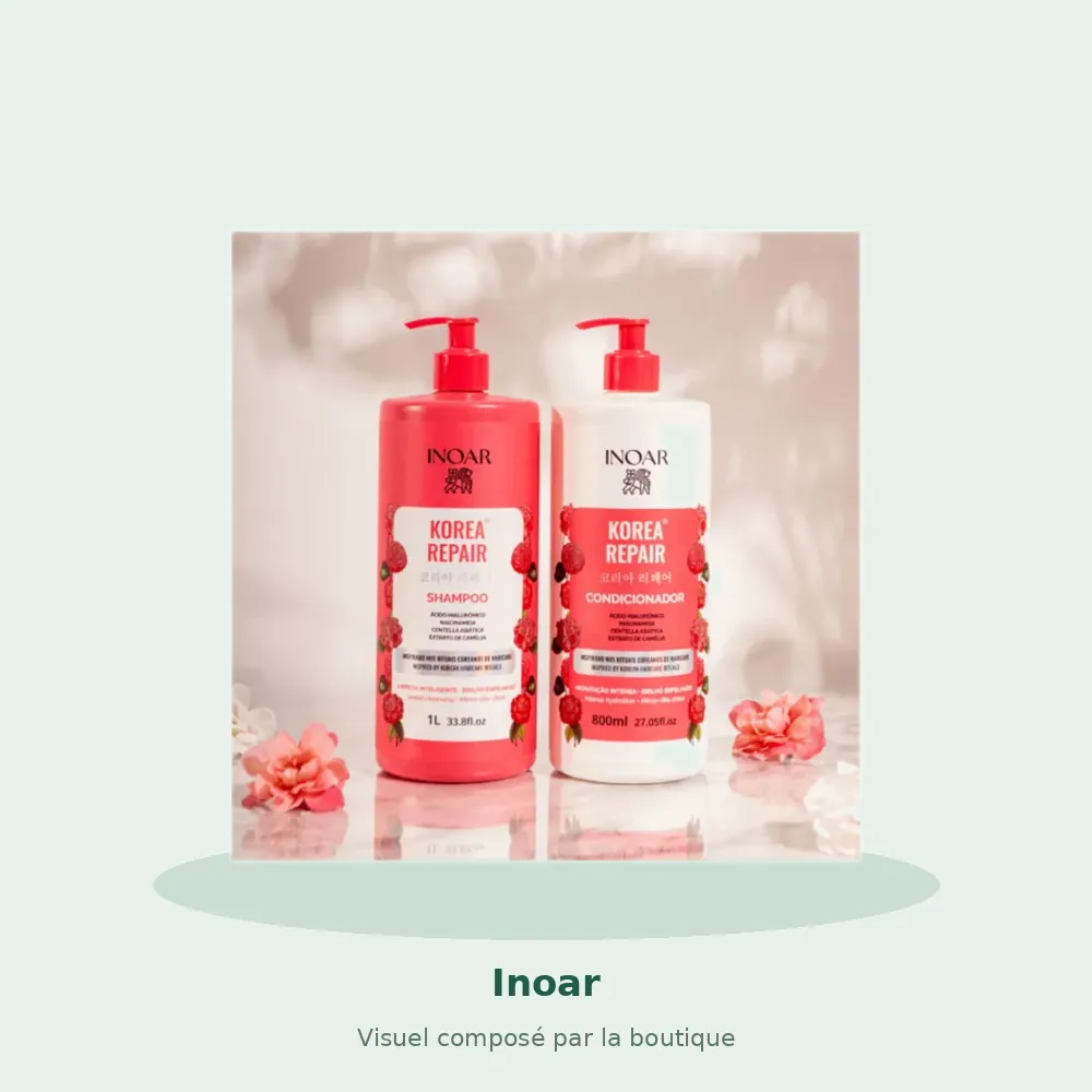 Kit Inoar Korea Repair shampooing 1 L et après-shampooing 800 ml, visuel composé par la boutique