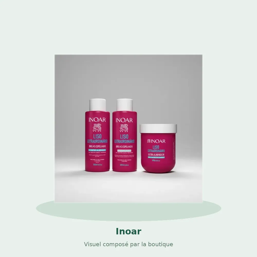 Kit Inoar Liso Extraordinário shampooing, après-shampooing et masque, visuel composé par la boutique