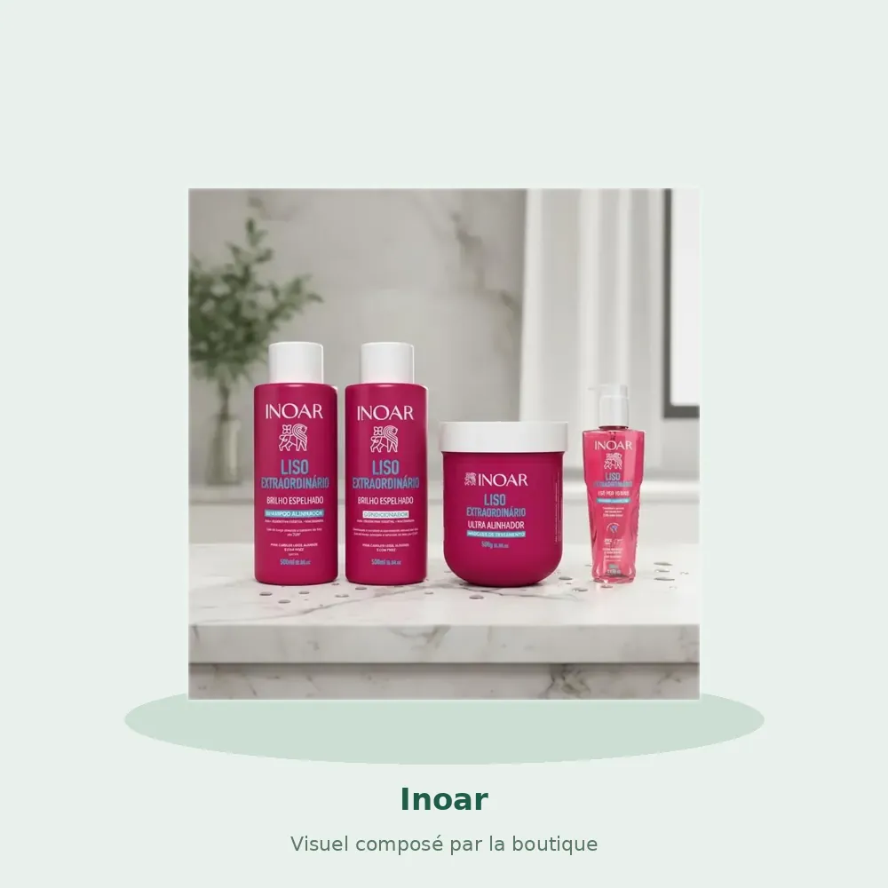 Kit Inoar Liso Extraordinário shampooing, après-shampooing, masque et sérum leave-in, visuel composé par la boutique