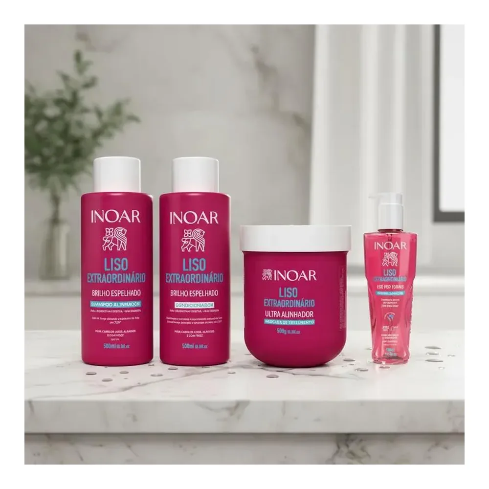 Kit Inoar Liso Extraordinário shampooing, après-shampooing, masque et sérum leave-in, packshot Inoar