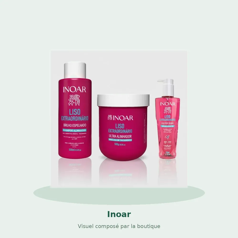 Kit Inoar Liso Extraordinário shampooing, masque et sérum leave-in, visuel composé par la boutique