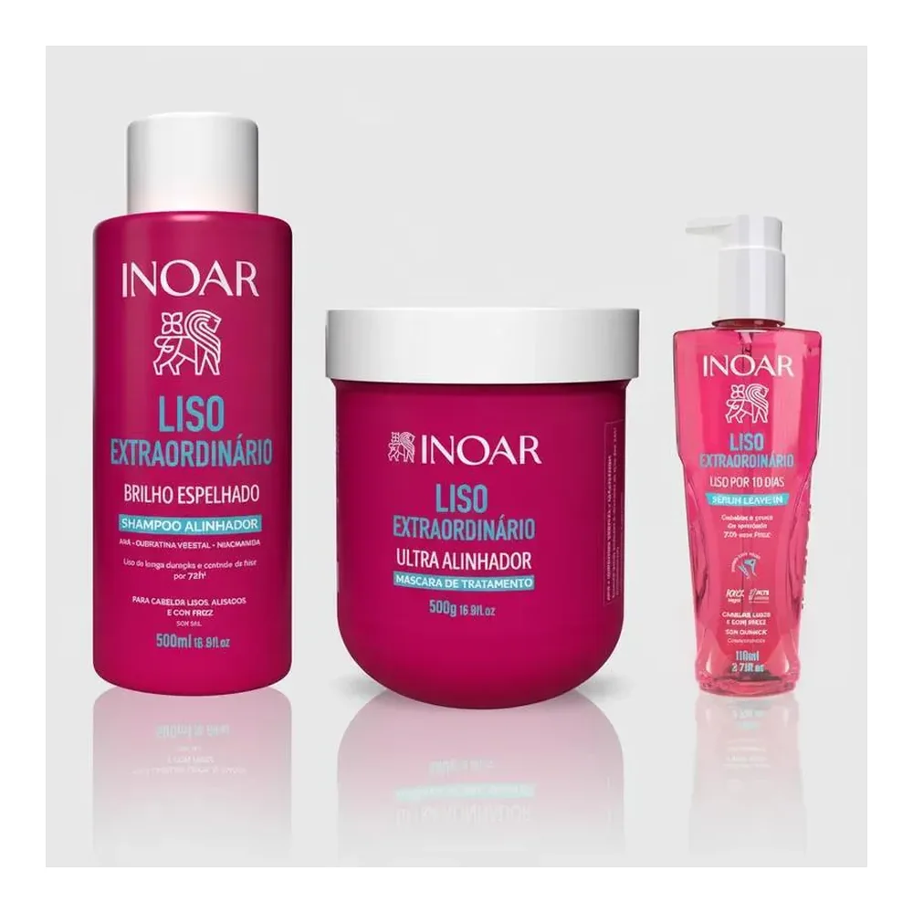 Kit Inoar Liso Extraordinário shampooing, masque et sérum leave-in, packshot Inoar