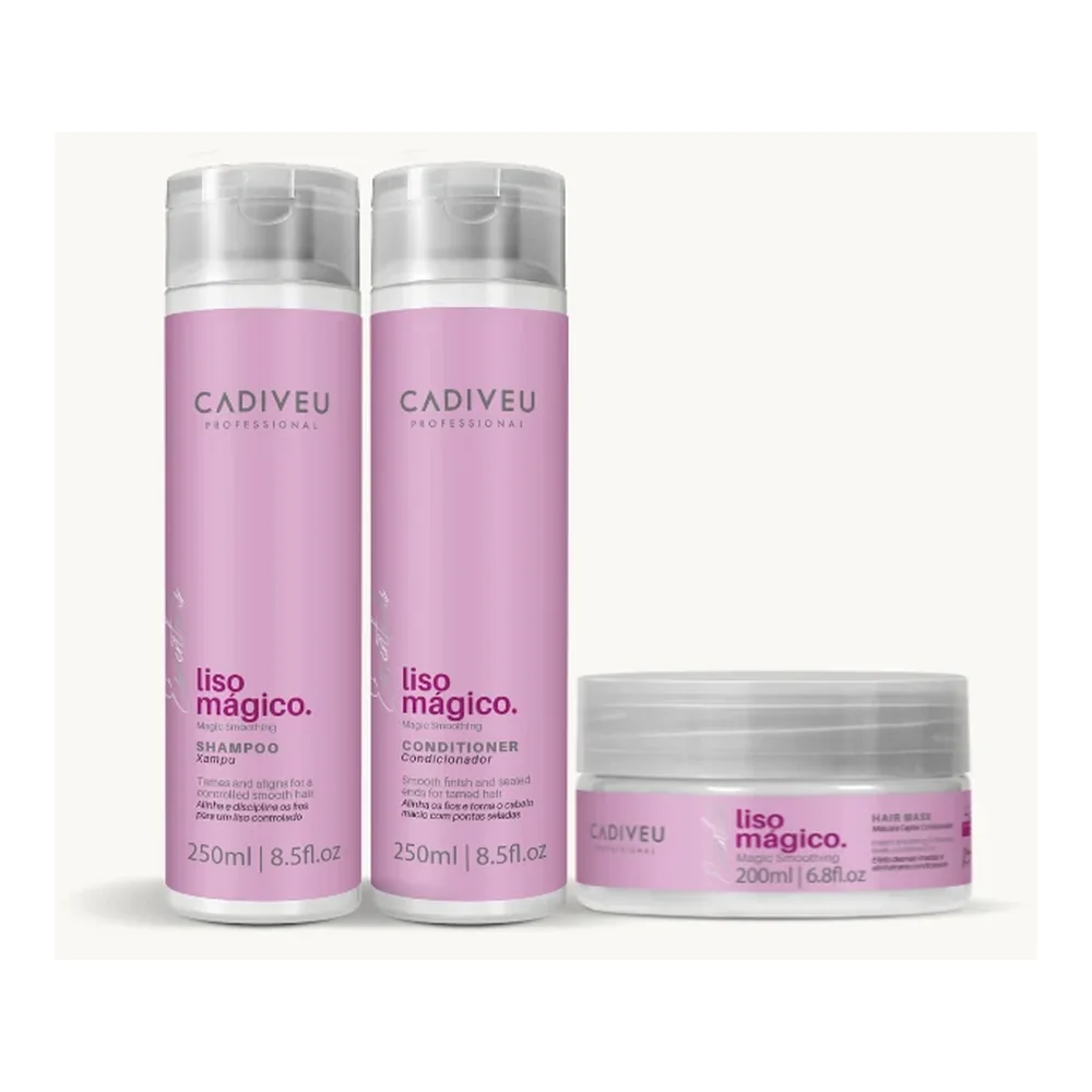 Kit Liso Mágico shampooing, masque et après-shampooing, packshot Cadiveu