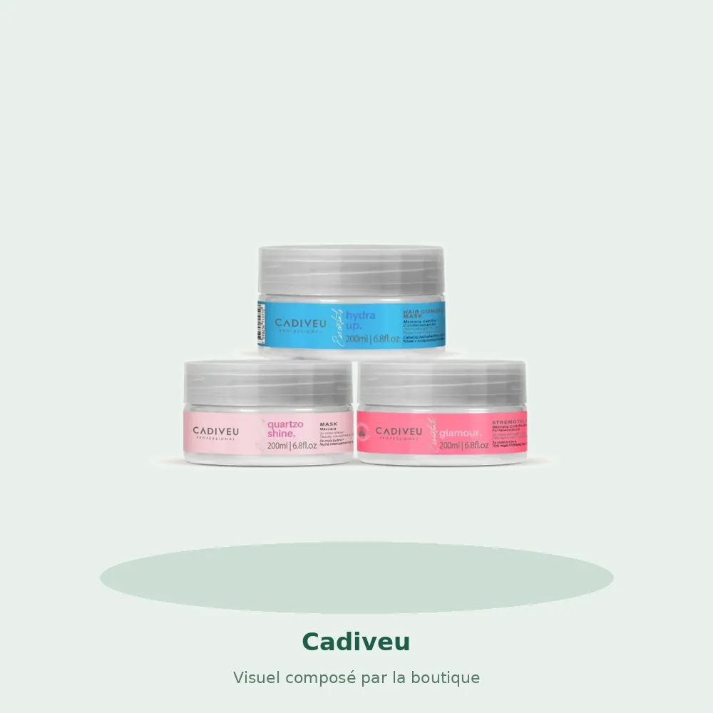 Kit masques Cadiveu Hydra Up, Glamour et Quartzo Shine 3x200 ml, visuel composé par la boutique
