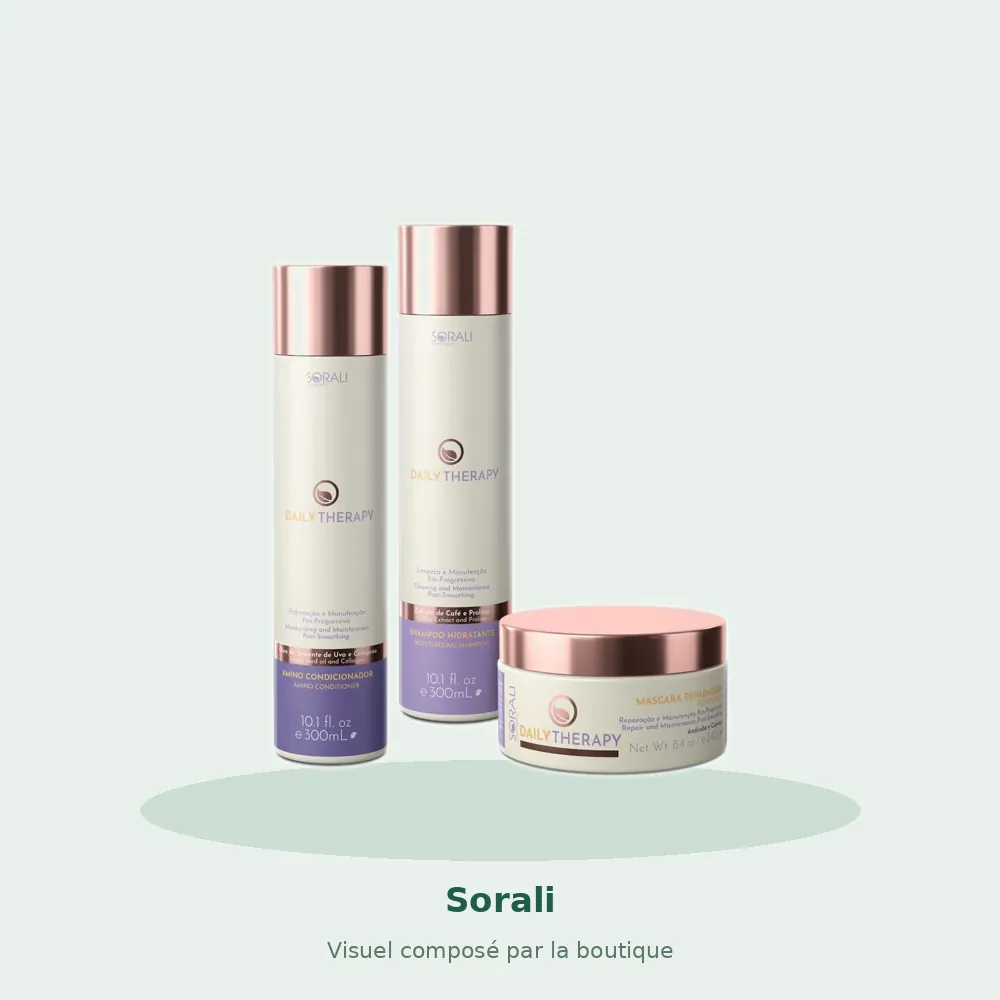 Kit Daily Therapy shampooing, après-shampooing et masque Sorali, visuel composé par la boutique