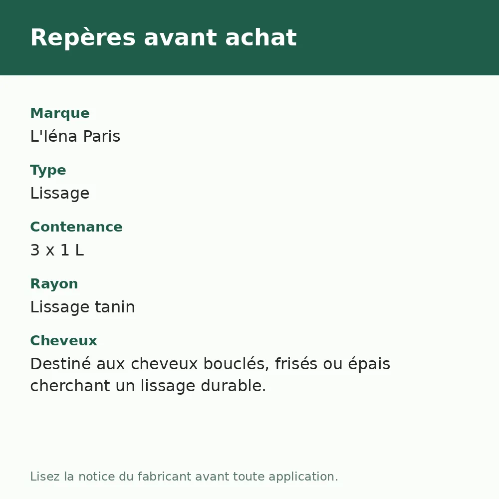L'Iéna Paris Lissage Tanin La Genèse 3 x 1 L, repères avant achat (visuel composé)