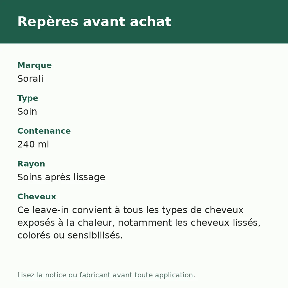 Leave-in SleekSense protection thermique 240 ml Sorali, repères avant achat (visuel composé)