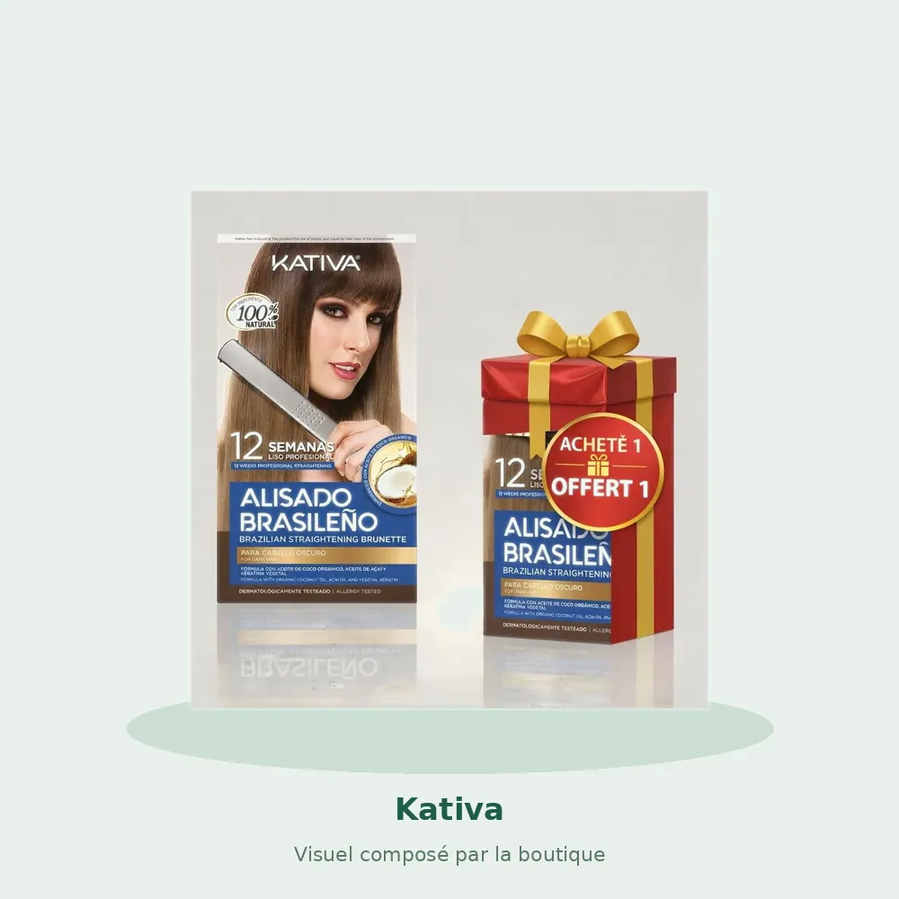 Lissage spécial cheveux foncés Kativa, visuel composé par la boutique