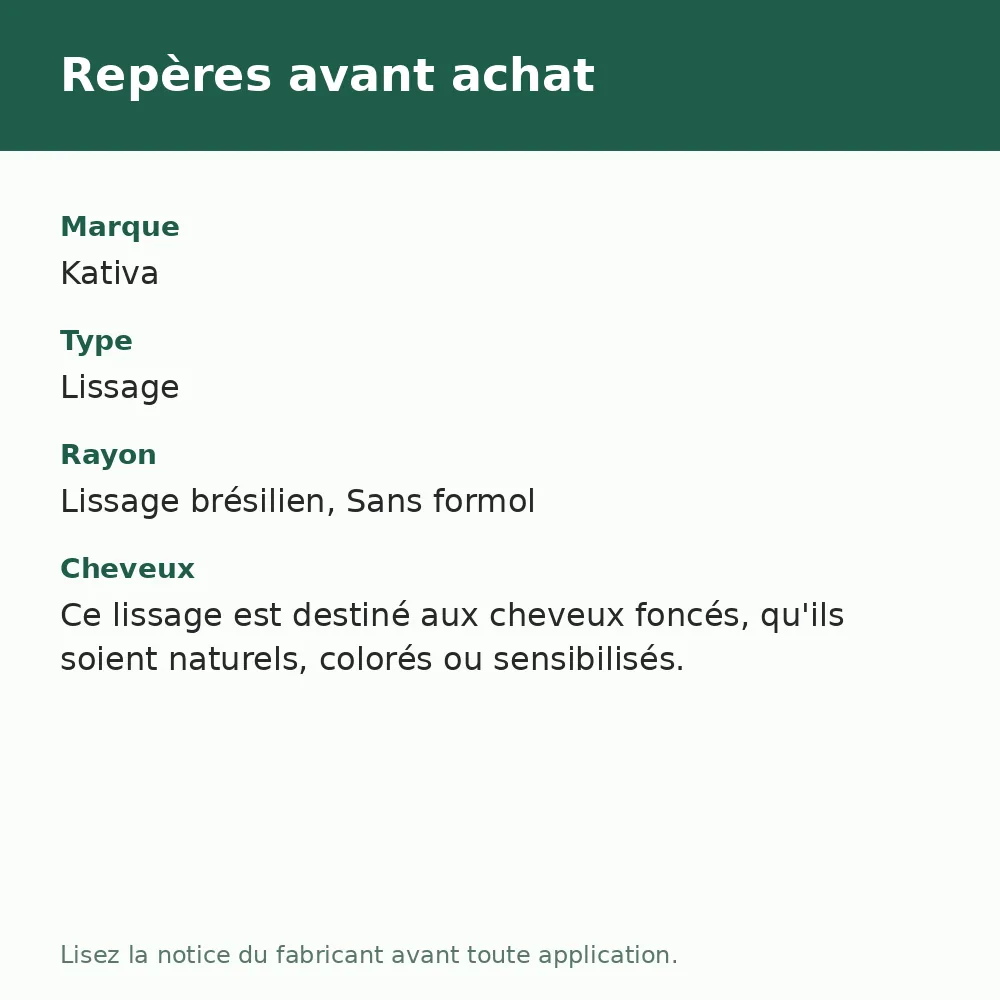 Lissage spécial cheveux foncés Kativa, repères avant achat (visuel composé)