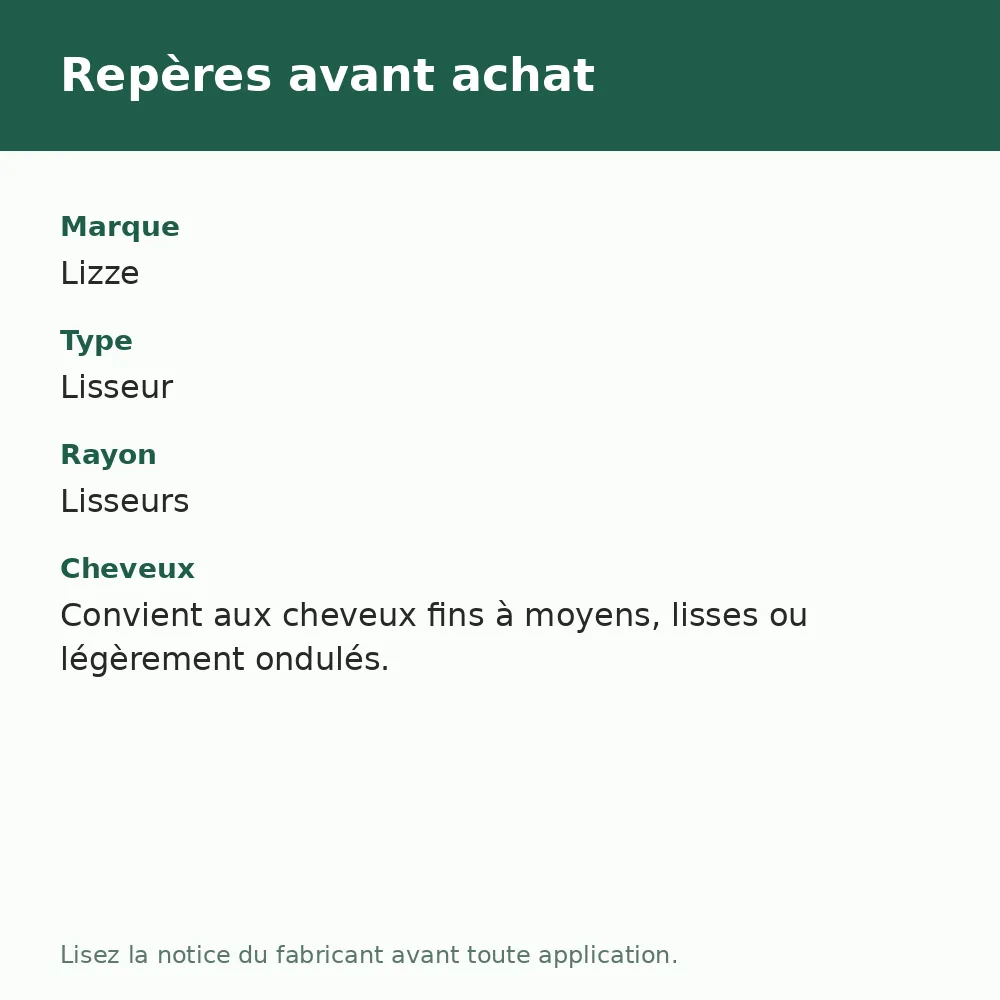 Lizze Mini Titânio lisseur 200°C 25 W, repères avant achat (visuel composé)