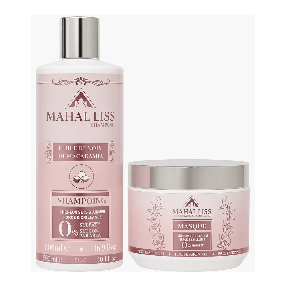 Mahal Liss shampoing et masque huile de monoï et macadamia sans sulfate, packshot Mahal Liss