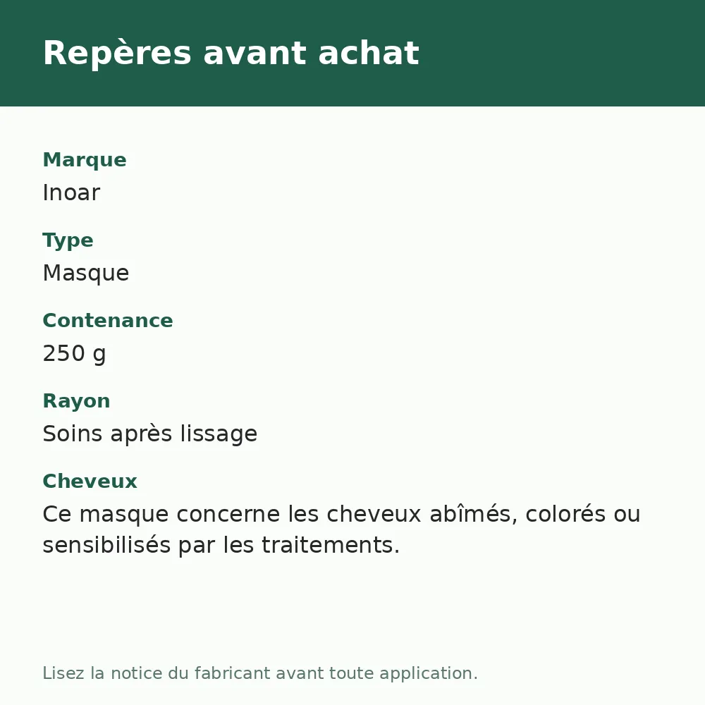 Masque Inoar Cicatrifios, repères avant achat (visuel composé)