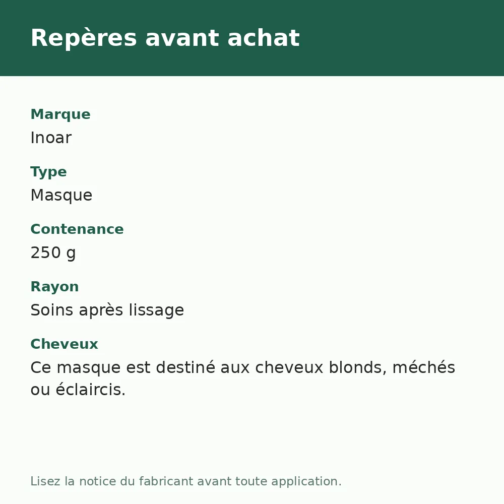 Masque Inoar Speed Blond, repères avant achat (visuel composé)