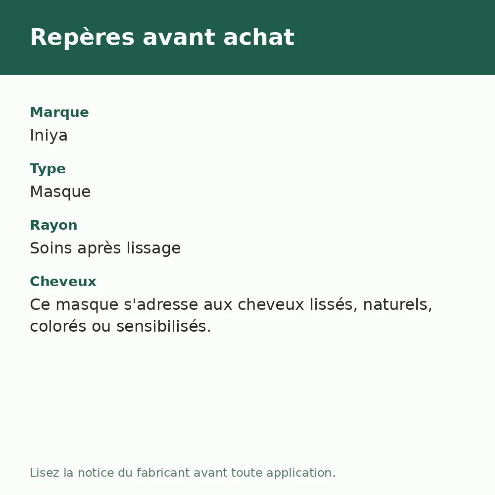 Masque lissant Iniya Silk Smooth, repères avant achat (visuel composé)