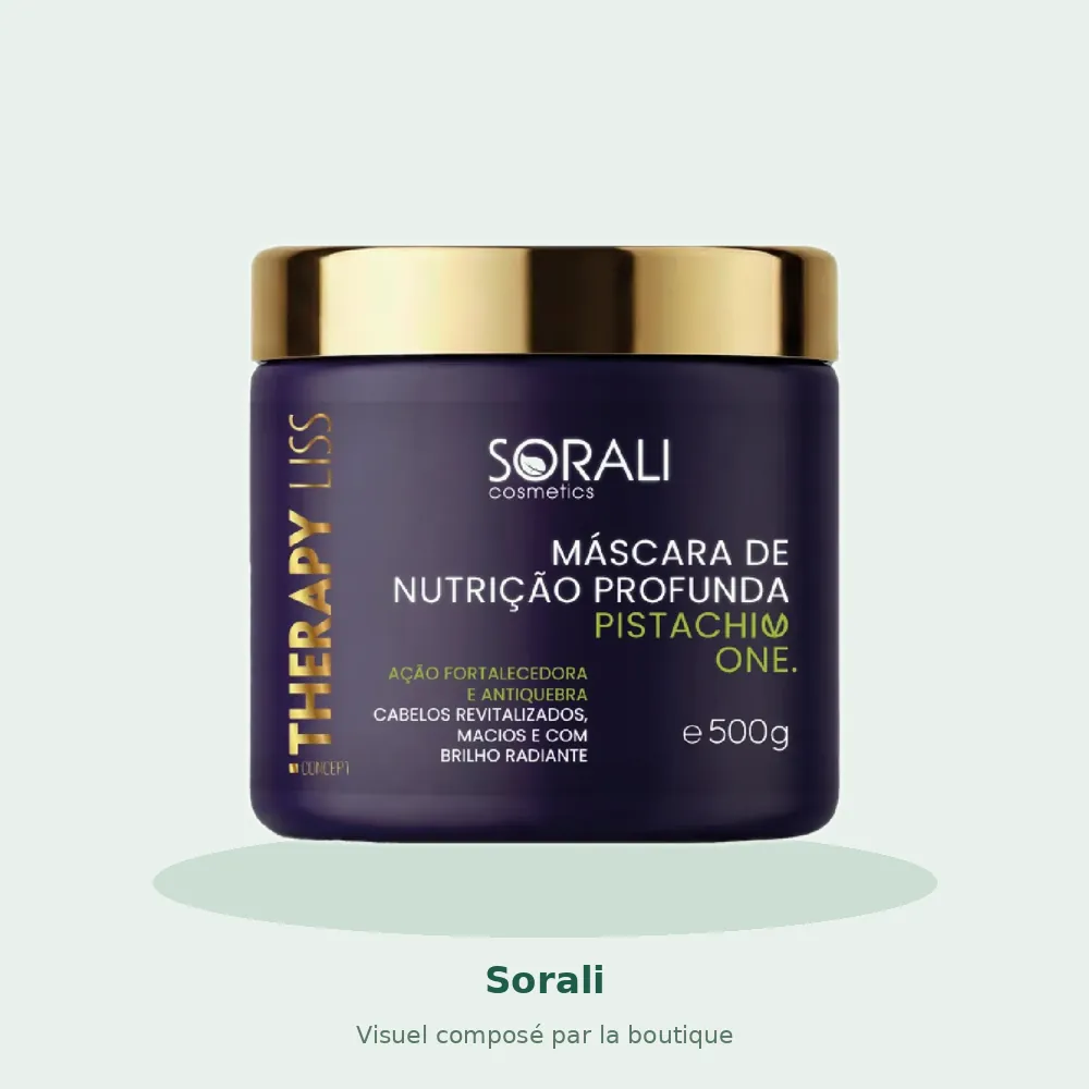 Masque nutrition profonde Pistachio One pistache et biotine 500 g Sorali, visuel composé par la boutique