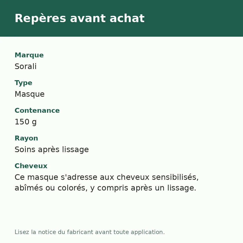 Masque réparateur Just Sofistic Sorali, repères avant achat (visuel composé)