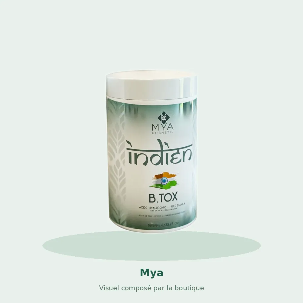 Mya BTX Indien botox capillaire ayurvédique, visuel composé par la boutique