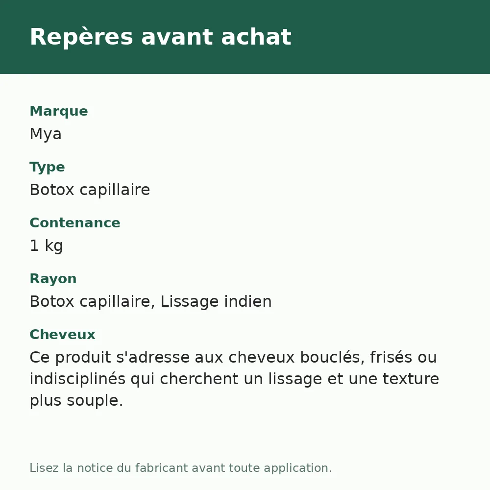 Mya BTX Indien botox capillaire ayurvédique, repères avant achat (visuel composé)