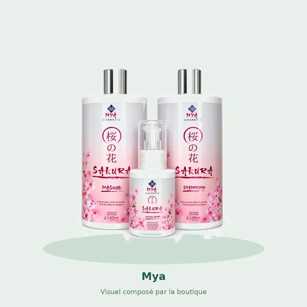 Mya kit d'entretien Sakura shampooing, masque et sérum, visuel composé par la boutique
