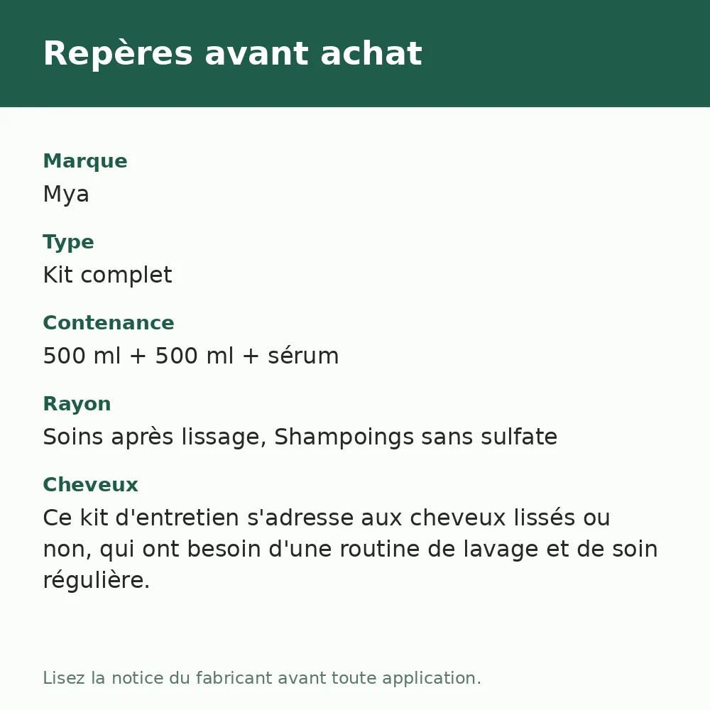 Mya kit d'entretien Sakura shampooing, masque et sérum, repères avant achat (visuel composé)