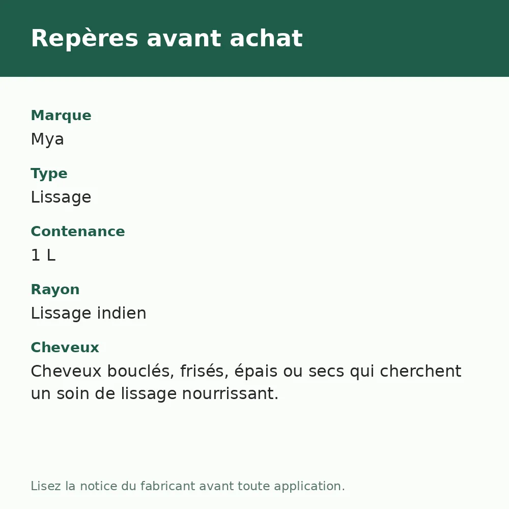Mya Lissage Indien Huiles d'Amla, Macadamia & Argan, repères avant achat (visuel composé)