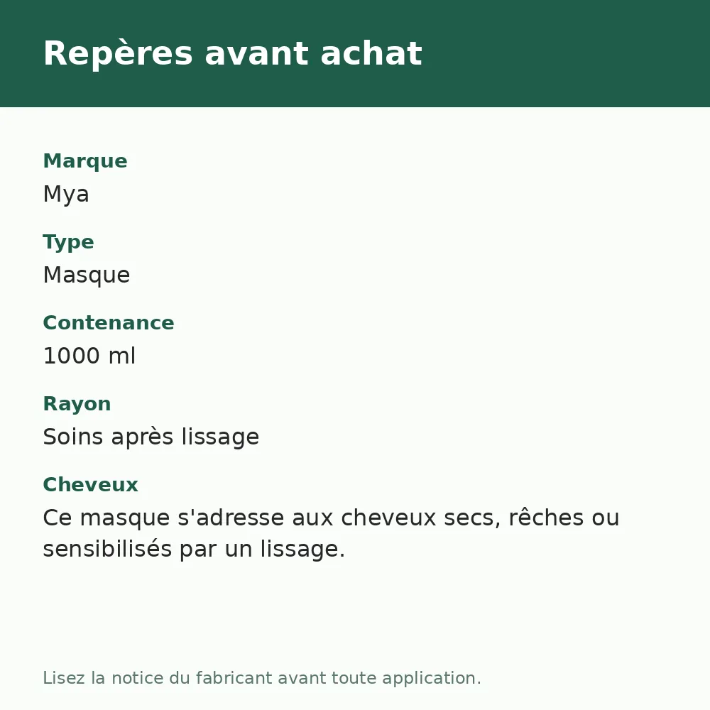 Mya masque BTX Babassu nourrissant, repères avant achat (visuel composé)