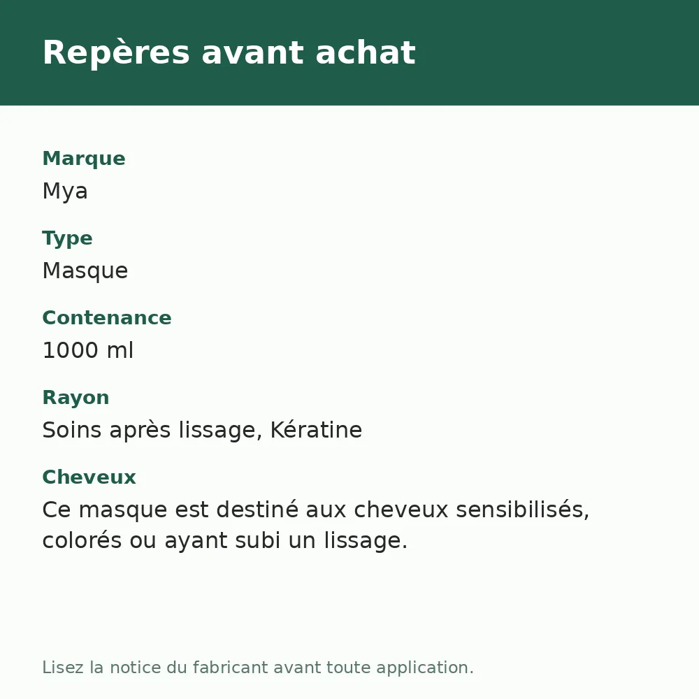 Mya masque BTX Kératine reconstructeur, repères avant achat (visuel composé)