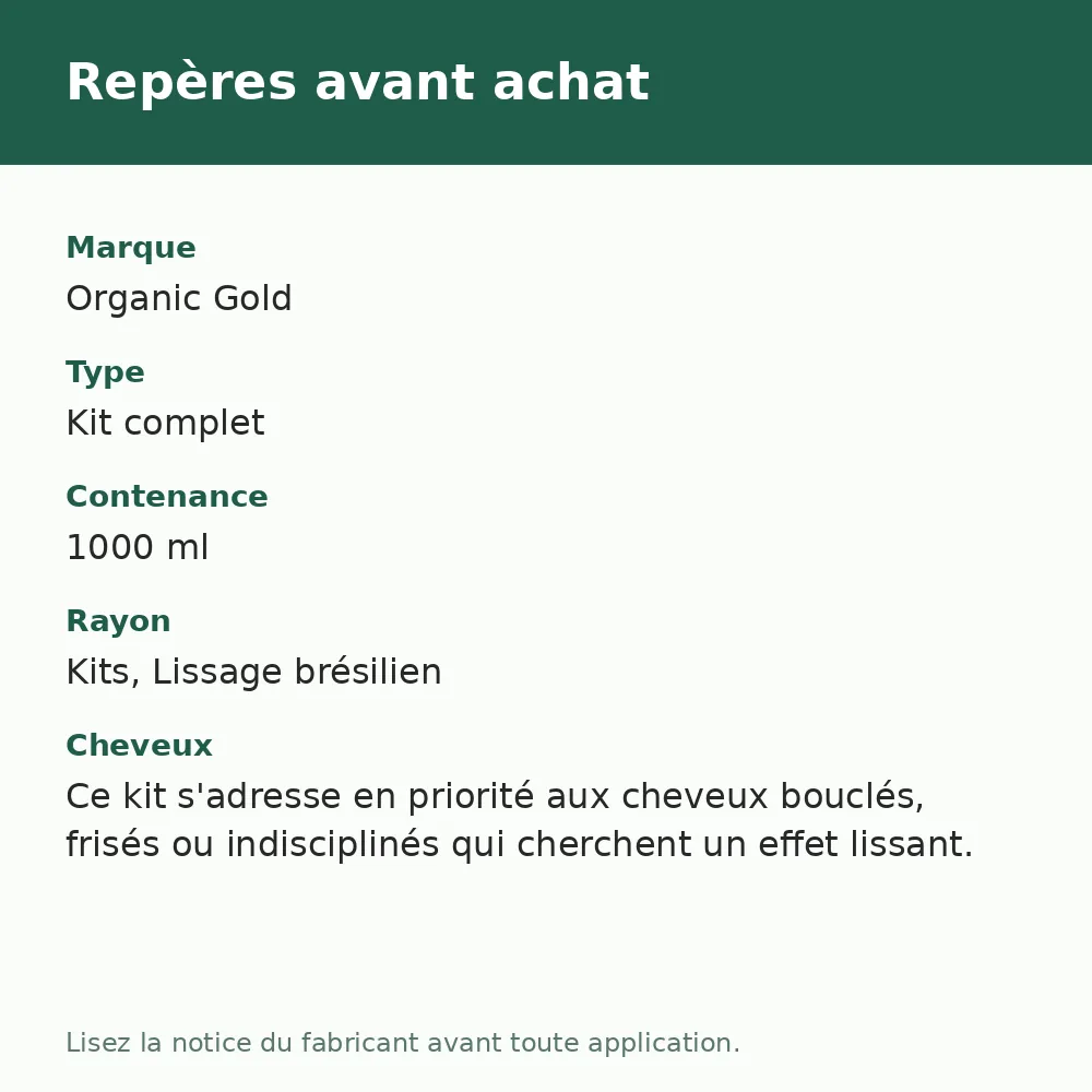 Organic Gold Kit de Lissage Brésilien Lissant Intense 1000 ml, repères avant achat (visuel composé)