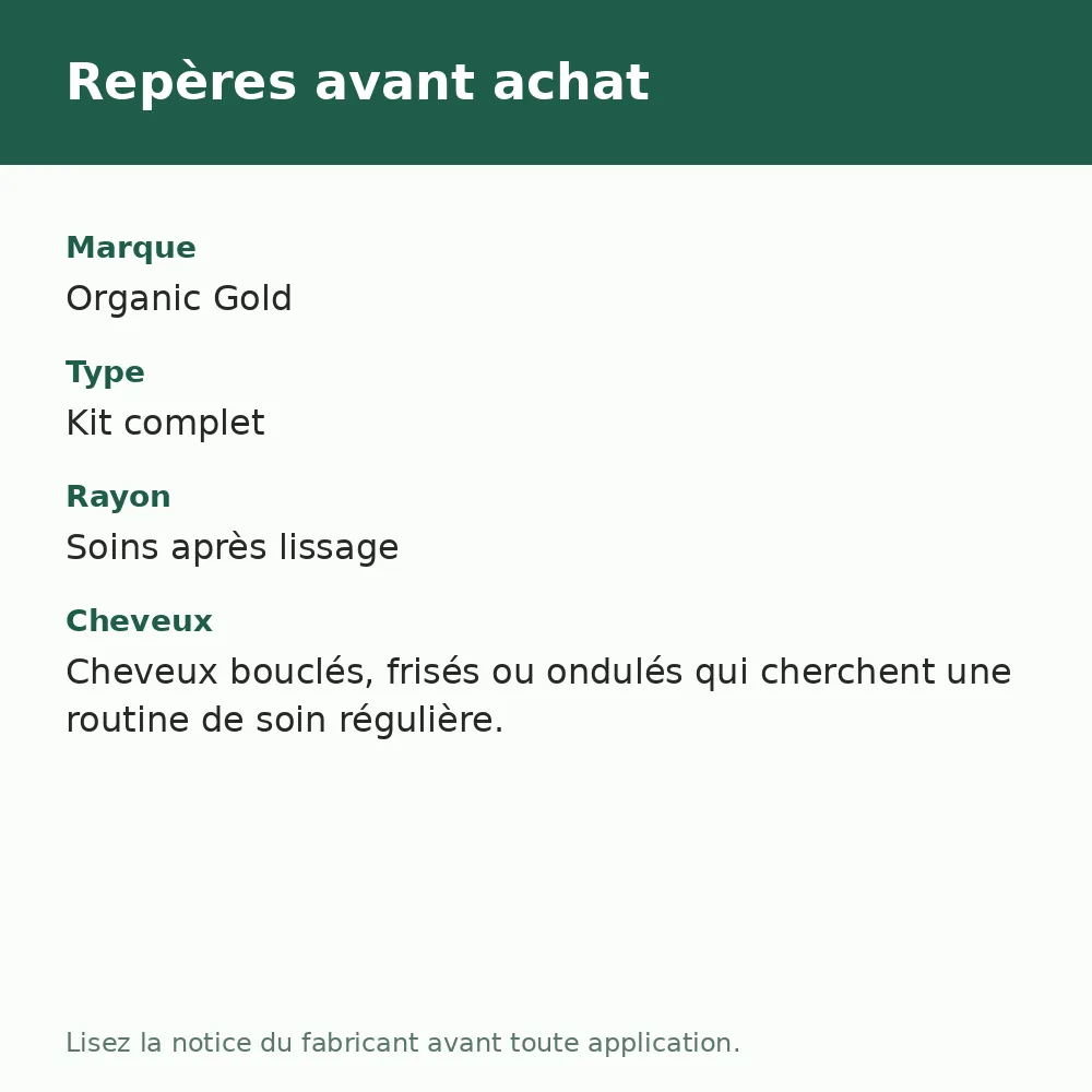 Organic Gold Kit de Soin Curly, repères avant achat (visuel composé)