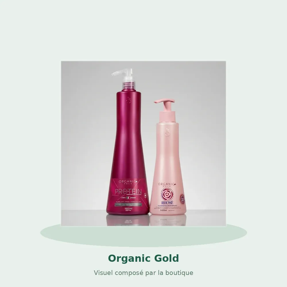 Organic Gold Kit Lissage Diamond & Soin Rhose Tanin Protein Silver + Shampoing Régénérant, visuel composé par la boutique