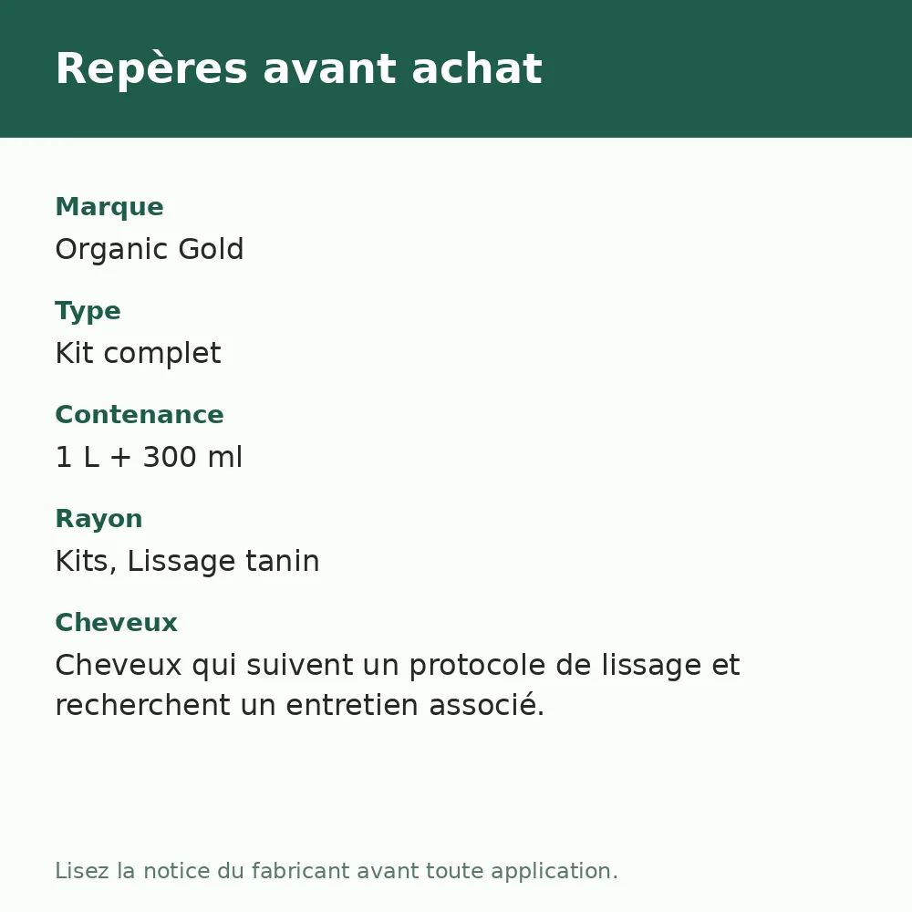 Organic Gold Kit Lissage Tanin Protein Silver + Shampooing Régénérant, repères avant achat (visuel composé)