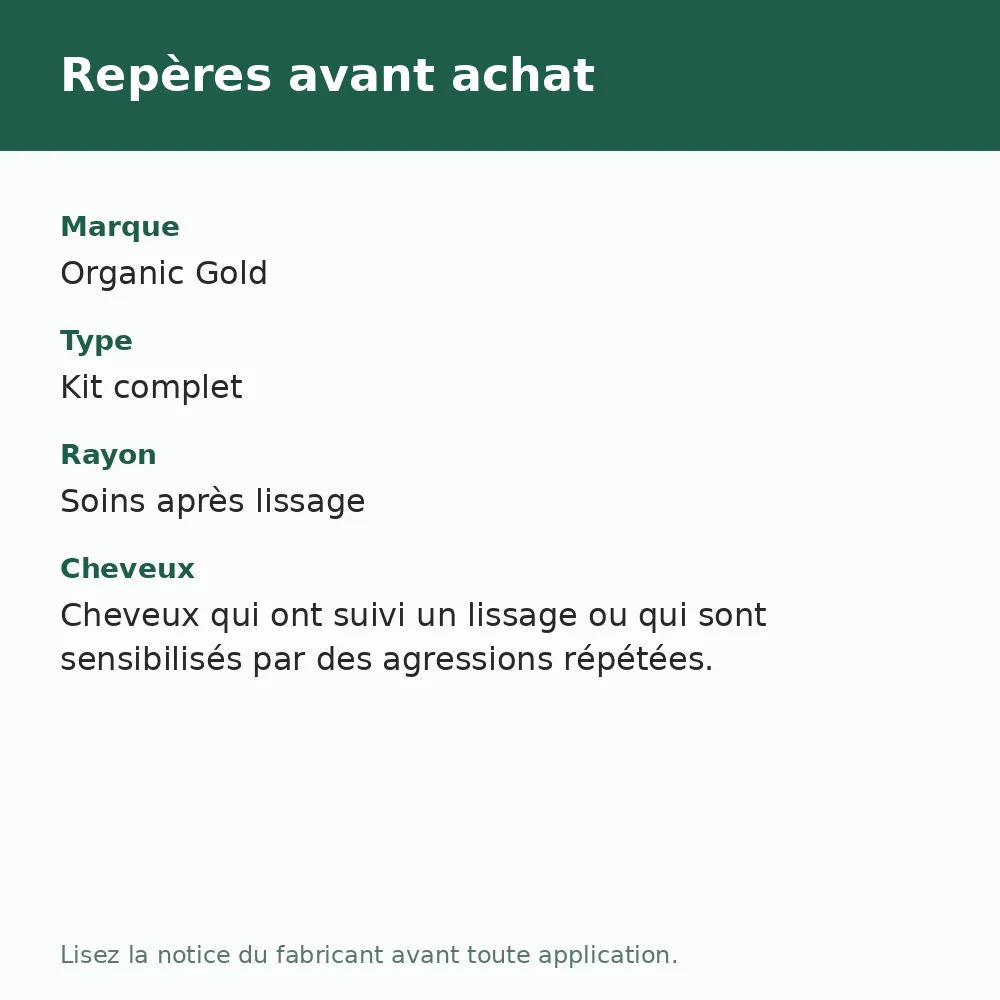 Organic Gold Kit Reconstruction Cheveux Restore Renforcement Capillaire, repères avant achat (visuel composé)