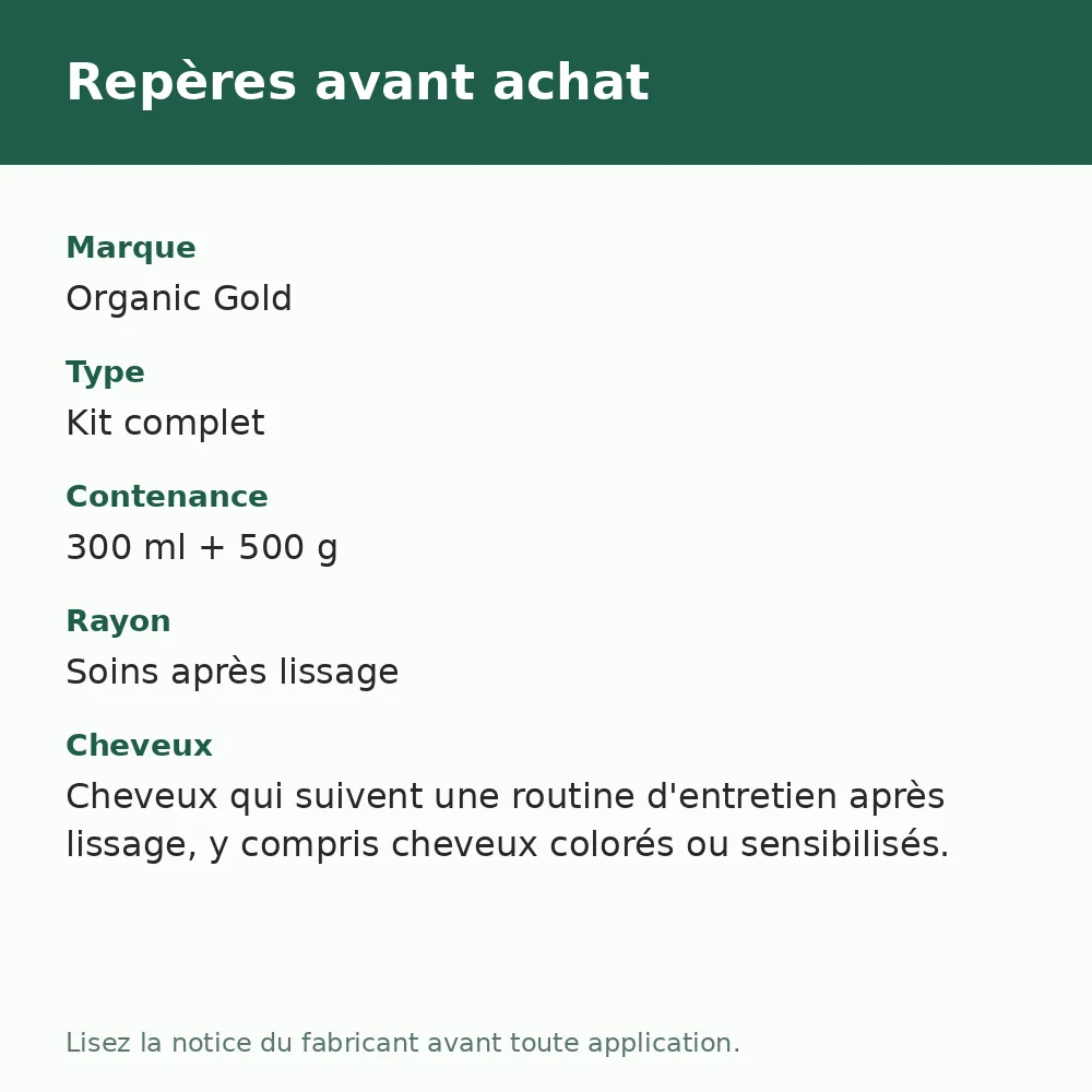Organic Gold Kit Restore Shampooing Soft + Masque Gold Restore, repères avant achat (visuel composé)
