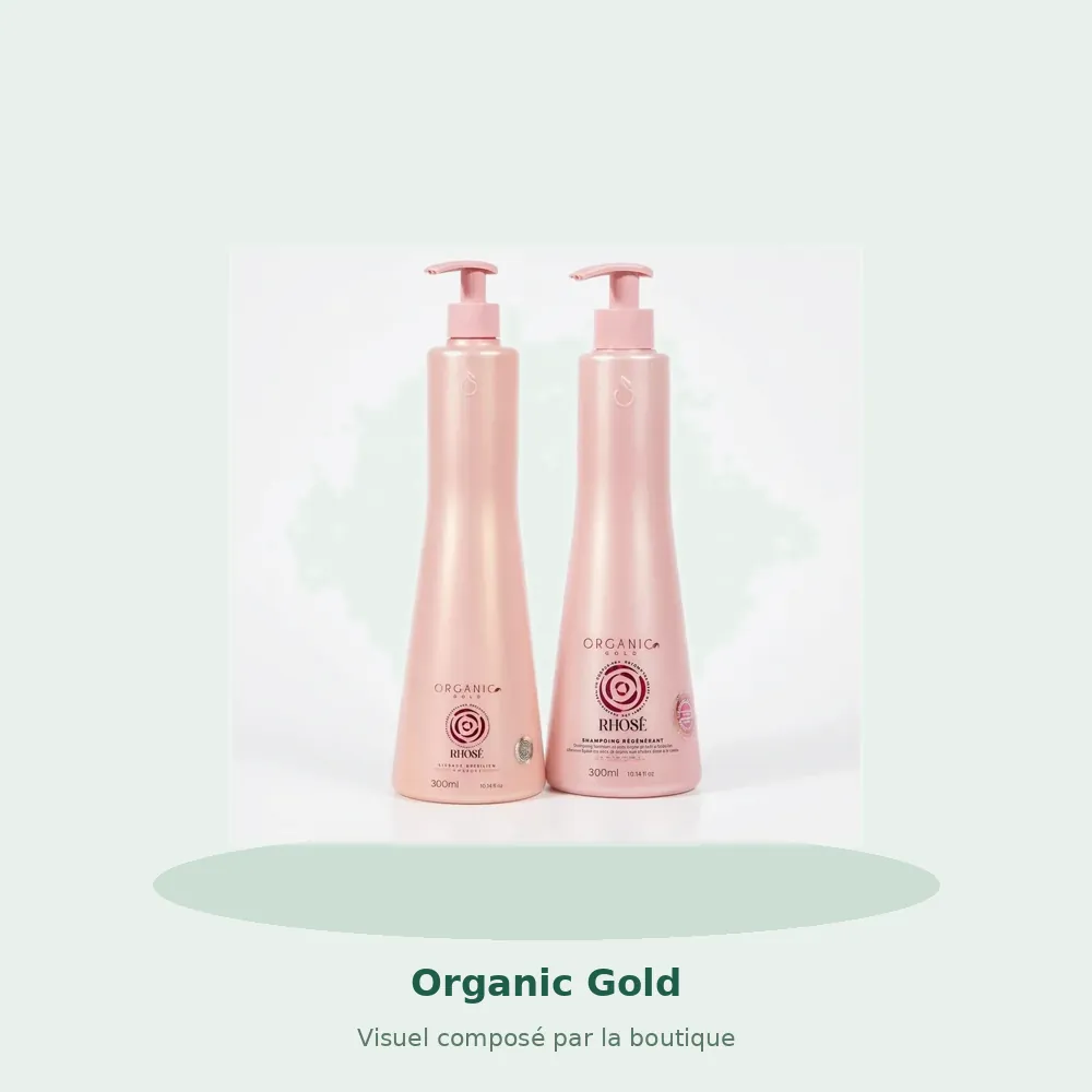 Organic Gold Kit Rhose Discipline & Régénération Lissage Brésilien + Shampooing Antichute, visuel composé par la boutique