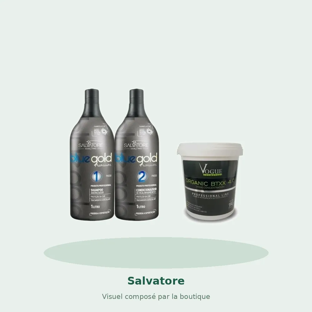 Salvatore Kit Lissage Tanin Bleu Gold & Soin Reconstructeur Keraliss, visuel composé par la boutique