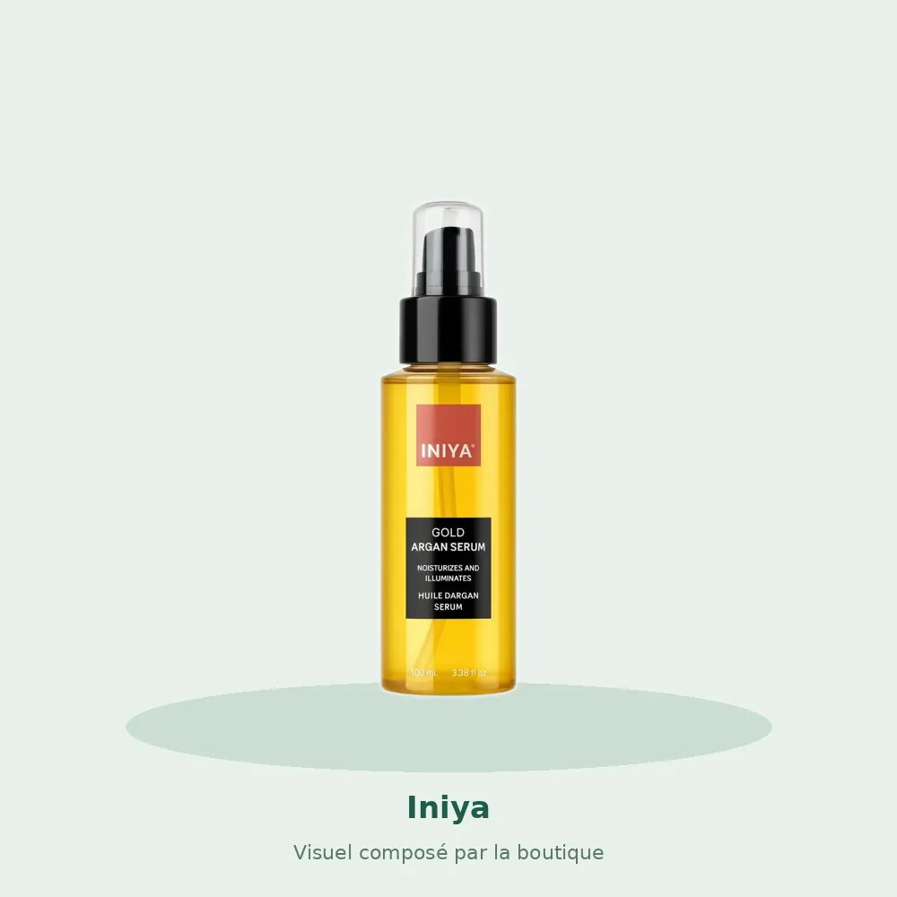 Sérum réparateur huile d'argan Iniya, visuel composé par la boutique