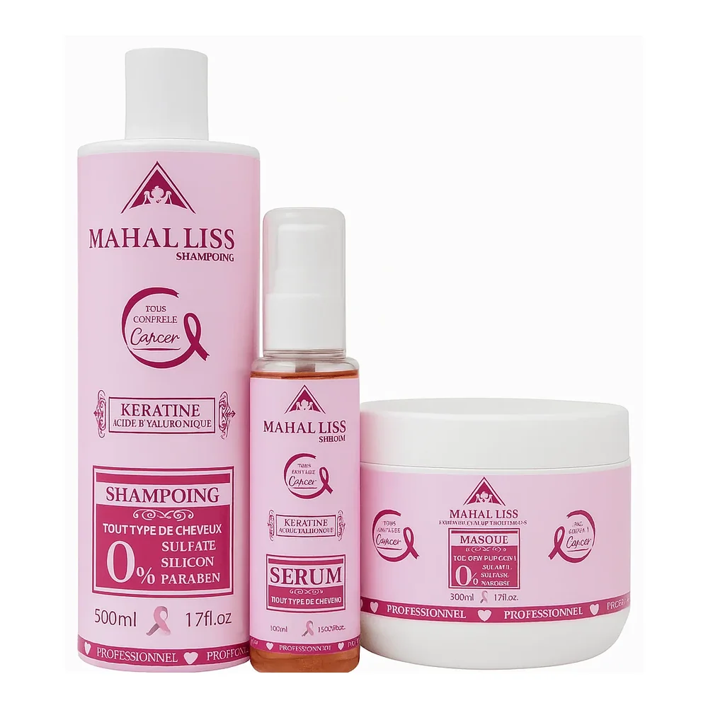 Shampoing, masque et sérum kératine et acide hyaluronique Mahal Liss, packshot Mahal Liss