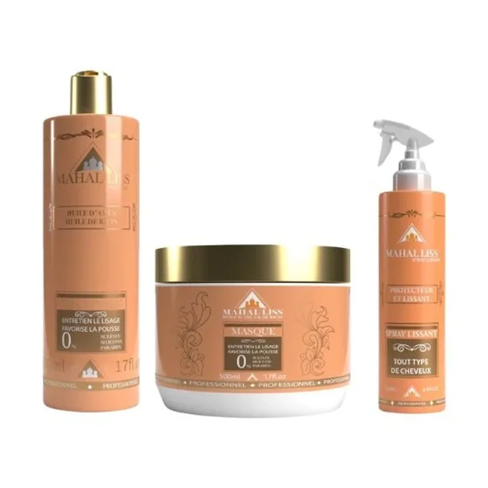 Shampoing, masque et spray lissant thermo-protecteur Mahal Liss, packshot Mahal Liss