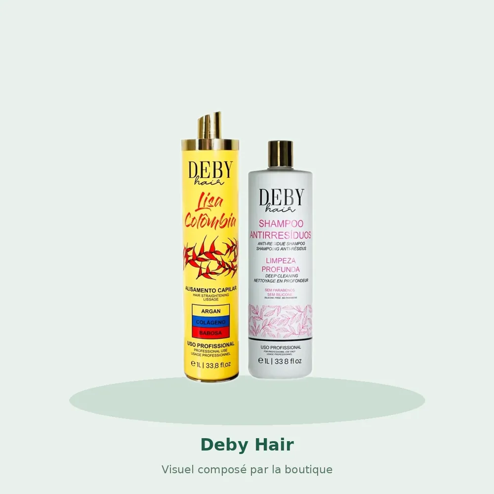 Shampooing clarifiant Deby Hair anti-résidus 1L + Lissage Colombien Deby Hair Lisa Colombia 1L, visuel composé par la boutique