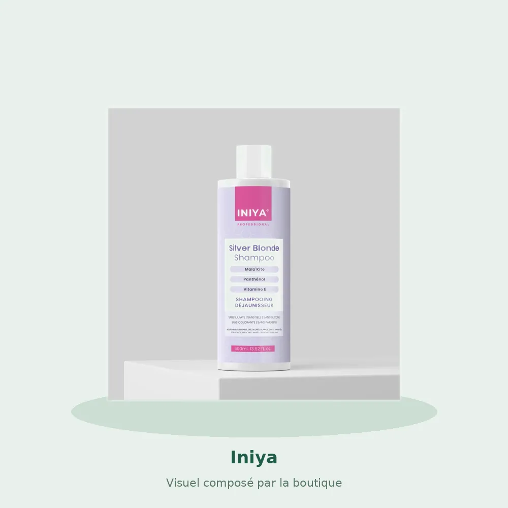 Shampooing déjaunisseur Iniya Silver Blonde Shampoo, visuel composé par la boutique