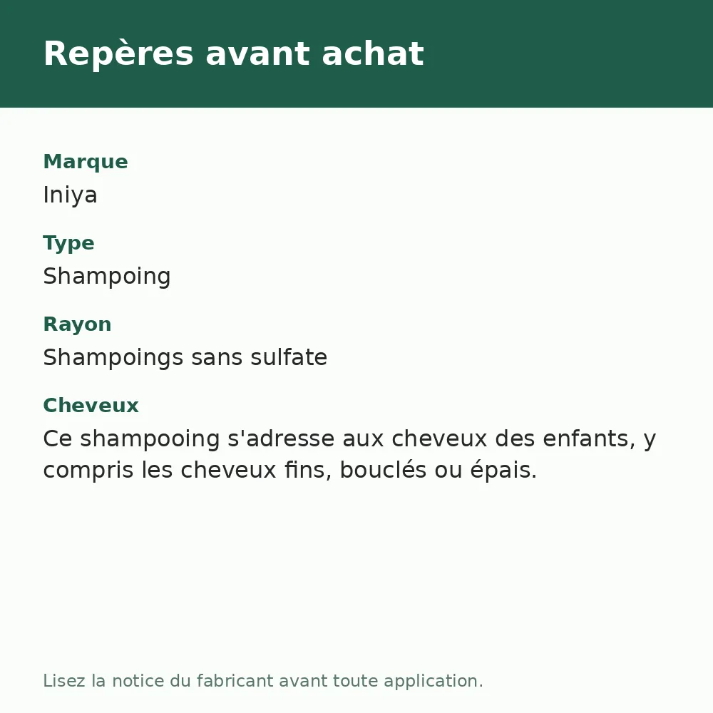 Shampooing enfant Iniya Kids, repères avant achat (visuel composé)