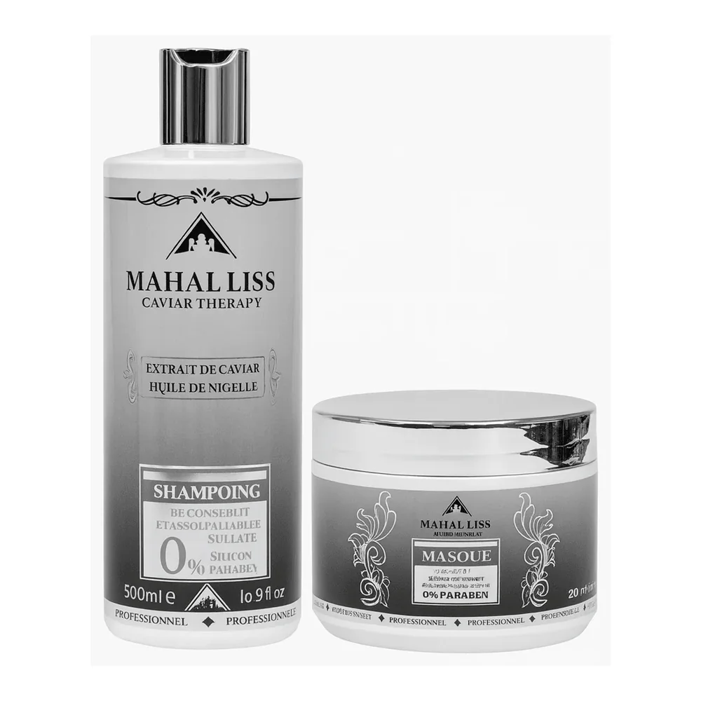 Shampooing et masque Caviar Therapy Mahal Liss extrait de caviar et huile de nigelle, packshot Mahal Liss