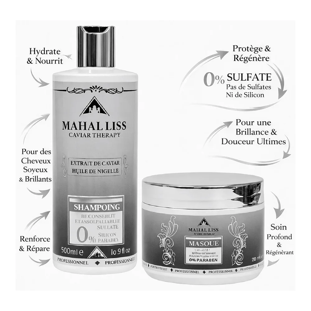 Shampooing et masque Caviar Therapy Mahal Liss extrait de caviar et huile de nigelle, vue 2 Mahal Liss
