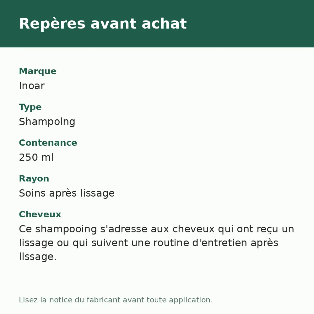 Shampooing Inoar Argan Oil System, repères avant achat (visuel composé)
