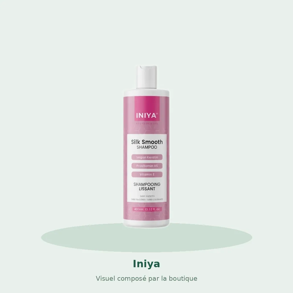 Shampooing lissant Iniya Silk Smooth, visuel composé par la boutique