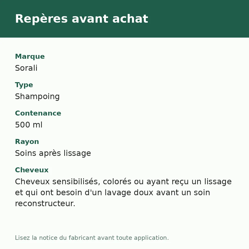 Shampooing reconstructeur Amino Plex Sorali, repères avant achat (visuel composé)