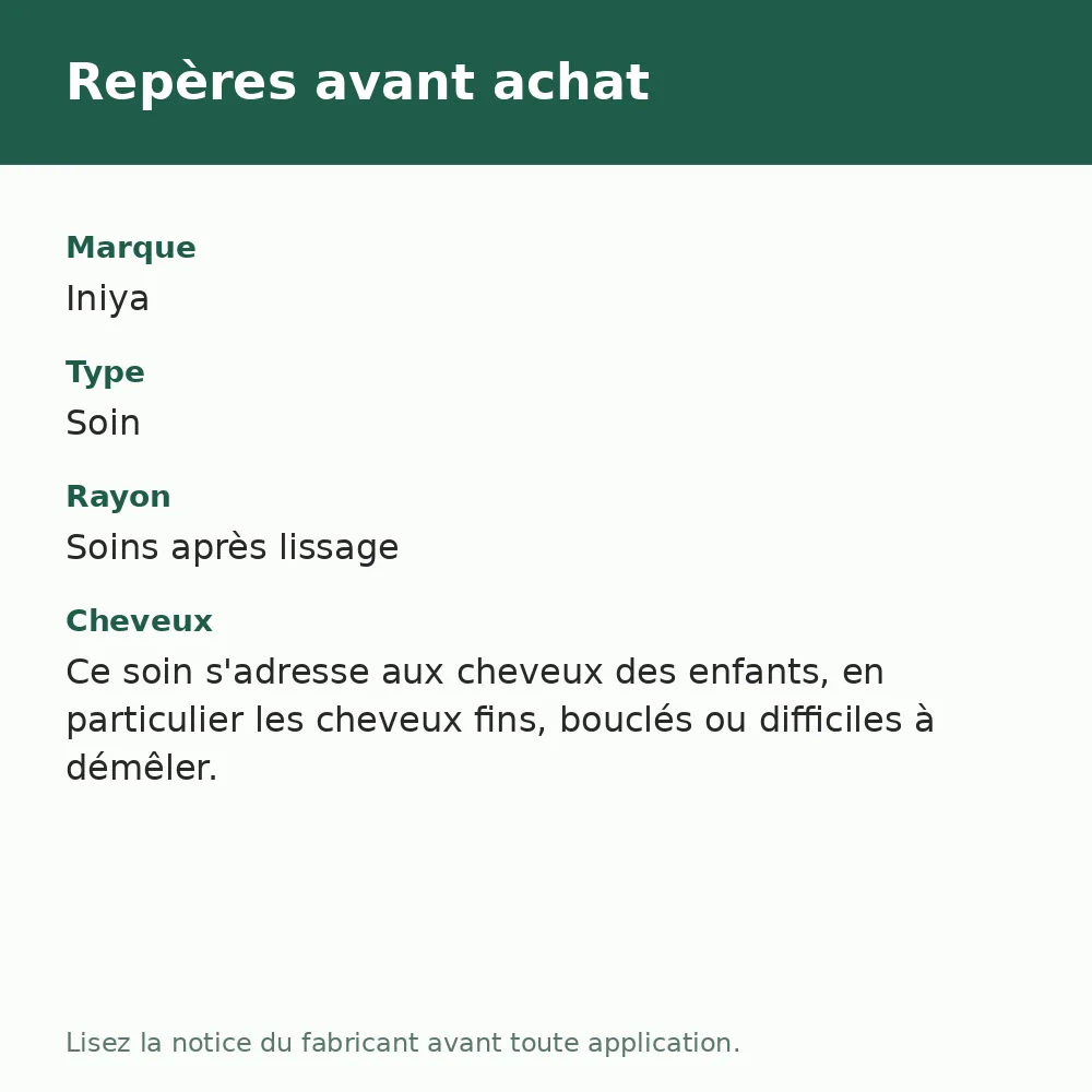 Soin démêlant biphase Iniya Kids, repères avant achat (visuel composé)