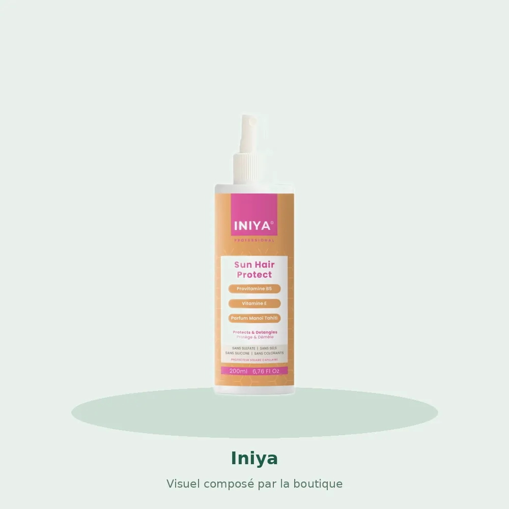 Spray protecteur solaire démêlant Iniya Sun Protect Hair, visuel composé par la boutique