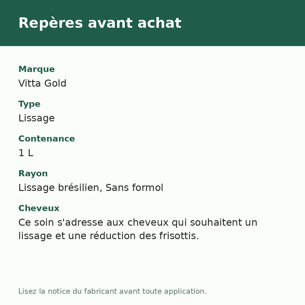 Vitta Gold Lissage Brésilien Silk Express 1 L, repères avant achat (visuel composé)